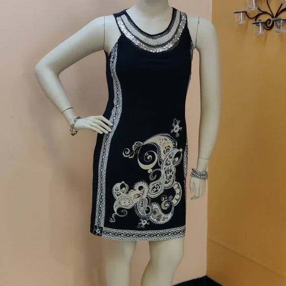 Sandra Darren Sleeveless Black & Beige Knee Length Dress - Picture 2 of 9